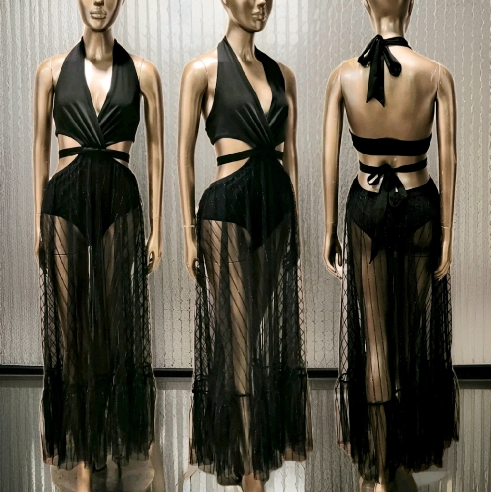 NWT Black Halter Tie Back Sheer Mesh Rave Festival Dress Sz M